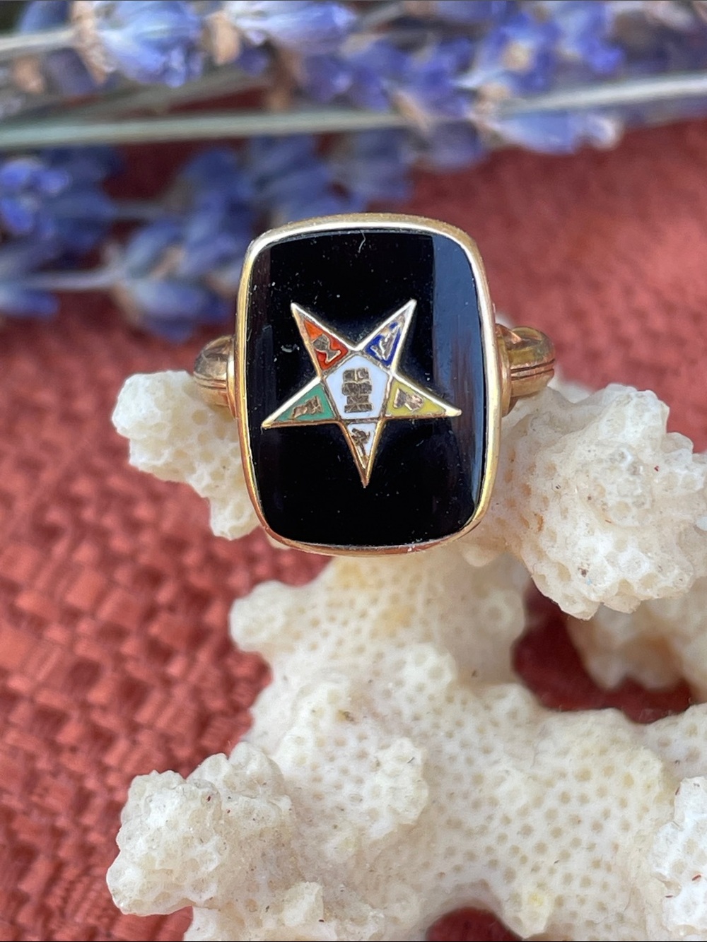 10K Gold Black Onyx Order of Eastern Star Ring